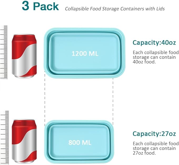 Alimat PluS Silicone Food Storage Containers with Lids, 3 Pack Set 40.5oz(1200ml) Collapsible Meal Prep Lunch Containers, Microwave, Freezer and Dishwasher Safe