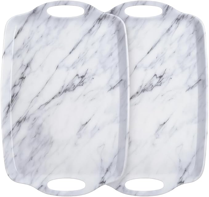 TP Serving Trays with Handles, 17 x 12 Inch Melamine Serving Platters for Food, Meat, Set of 2 Rectangular Trays for Eating, White Marble