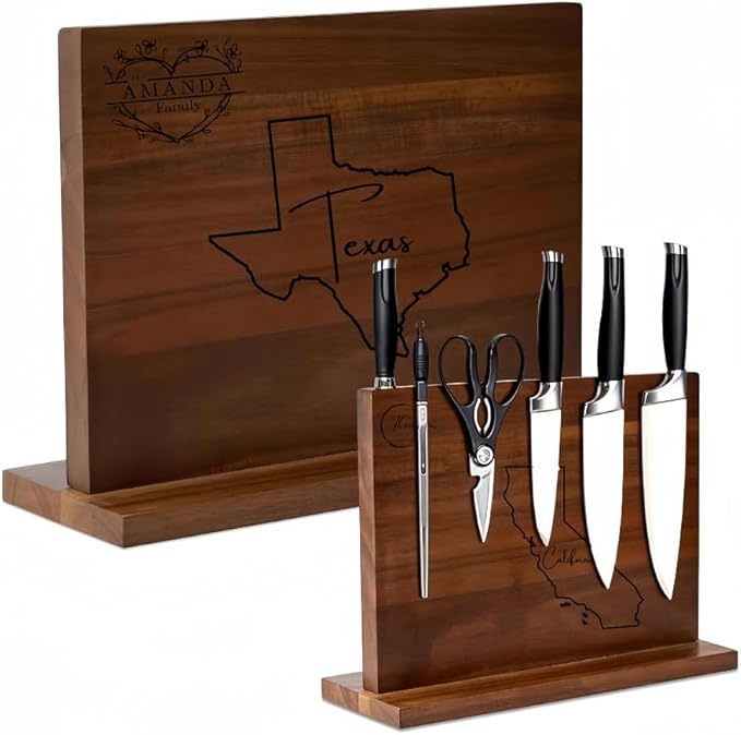 Personalized magnetic knife holder featuring the shape and name of the state where the US is located, as well as the date. Suitable for custom wedding, new home moving gifts, etc.