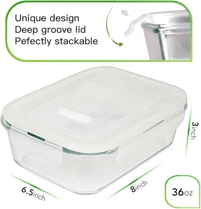 DAS TRUST 5 Pack 36oz Glass Food Storage Containers Meal Prep Containers Reusable Fridge Organizers Lunch Container for Adults Food Storage Containers with Lids Airtight Pizza Storage Salad Container