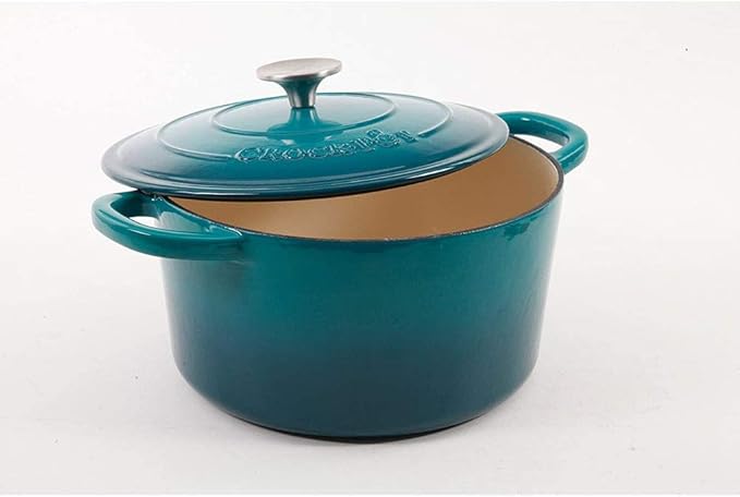 Crock-Pot Artisan 5-Quart Round Enameled Cast Iron Dutch Oven – Teal Ombre, Durable Heavy-Duty Cookware for Slow Cooking, Roasting, Baking with Lid
