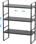 Expandable Kitchen Cabinet Shelf Organizers 3 Pack, Stackable Metal Pantry Storage Shelves Rack, Adjustable Counter Shelf for Cabinets, Countertop, Cupboard Organizers and Storage, Black