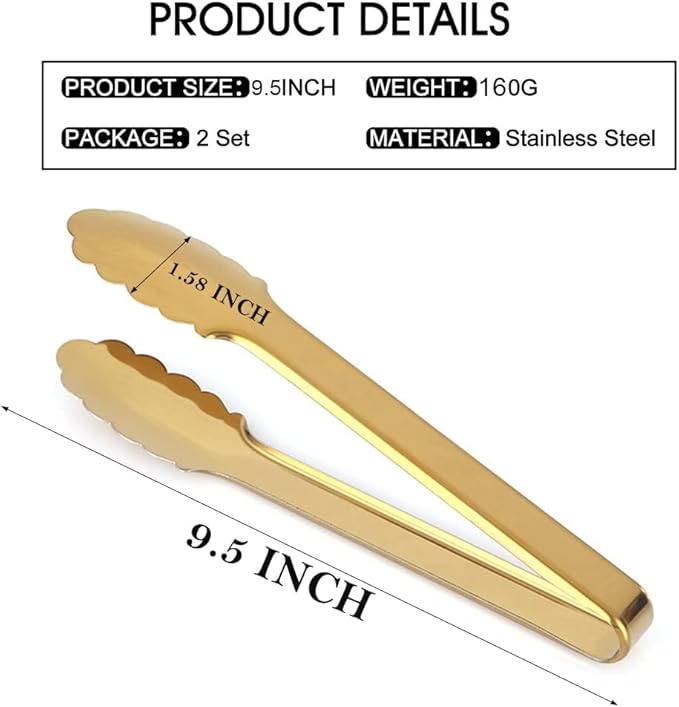 2 Pack Gold Serving Tongs Gold Serving Utensils Salad Tongs Buffet Tongs Non-slip & Easy Grip Stainless Steel Gold Plated Buffet Serving Tongs, Salad, Ice, Oven (9.5 Inch) (Gold)