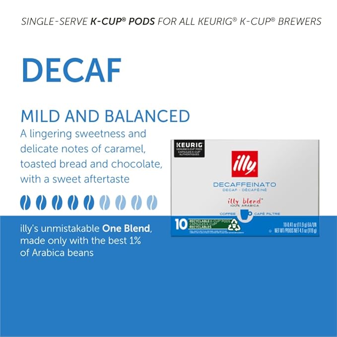 Illy Coffee K Cups - Pods For Keurig Machines – Classico Decaf Roast – Notes of Caramel - Mild, Flavorful & Balanced Flavor - No Preservatives – 10 Count