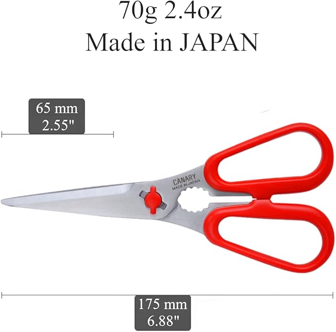 CANARY Japanese Food Scissors 6.8" Small Lightweight, Made in JAPAN, Dishwasher Safe Come Apart Blade, Easy Clean Kitchen Shears with Removable Blades, Rust Resistant Japanese Stainless Steel, Red