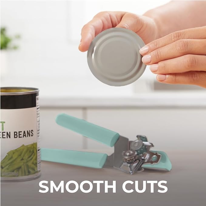 Kitchen Genie Heavy Duty Stainless Steel Manual Can Opener, Strong Blade for Smooth Edge Cuts, Open Cans Easily, Slip-Resistant Ergonomic Handle, Easy Turn Knob, Bottle Openers Included, Mint