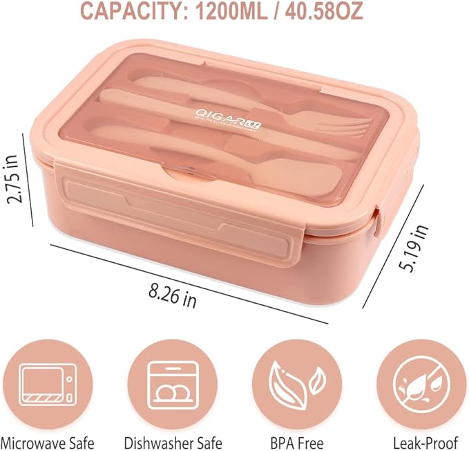 NatraProw Bento Box for Adult, 1400 ML Lunch Containers for Adults, LeakProof Lunch Box with Utensils, BPA Free, 3 Compartment Bento Box Microwave Safe, Light Pink