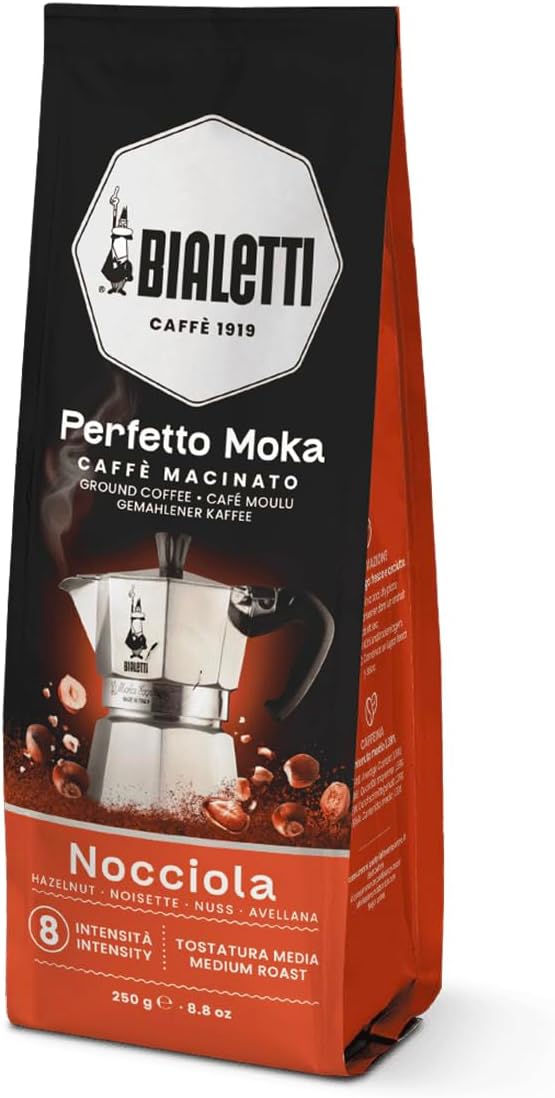 Bialetti - Perfetto Moka Nocciola: Medium Roasting Ground Coffee, Hazelnut Aroma, 8.8 Oz - 250g, Bag with Flavour-Saving Valve