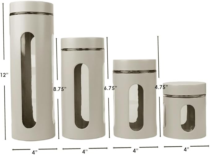 Home Basics Retro Kitchen Canisters For Countertop (4 Piece Set) Grey Glass with Metal Finish; See-Through Windows; Great For Flour, Coffee, Sugar, Dry Ingredients, Snacks