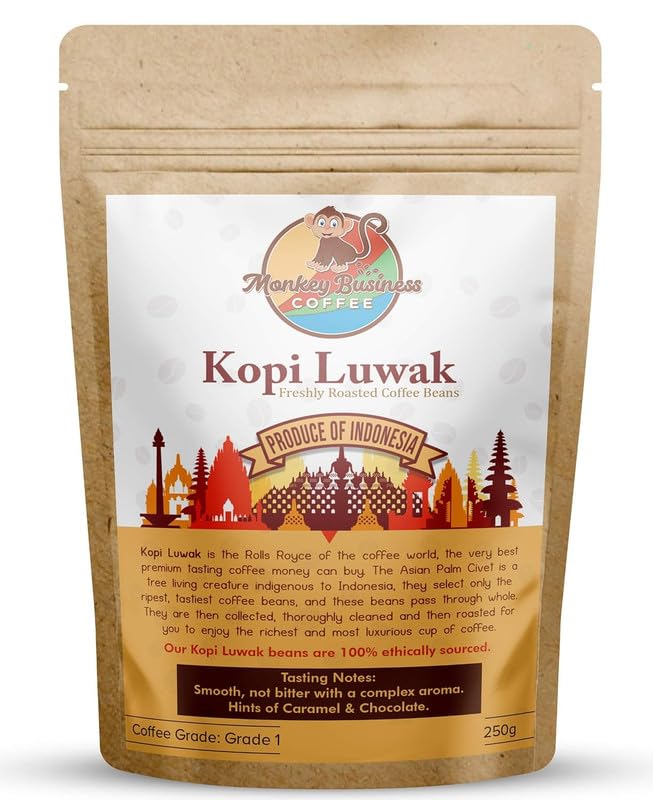 Monkey Business Coffee - Wild Kopi Luwak Coffee Ground Beans - Ethically Sourced - 250 Grams (8.8oz) (Other Weights & Bean Types Available) - Produce of Indonesia…