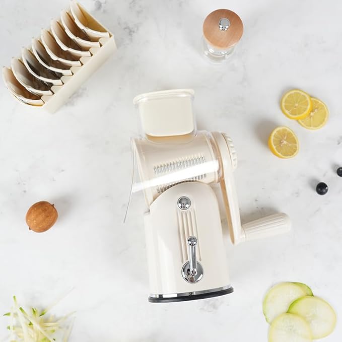 5-in-1 Manual Rotary Cheese Grater with Handle – Stainless Steel Replaceable Blades for Slicing, Shredding, Grinding & Wavy Cuts – Strong Suction Base, Blade Storage Box – White