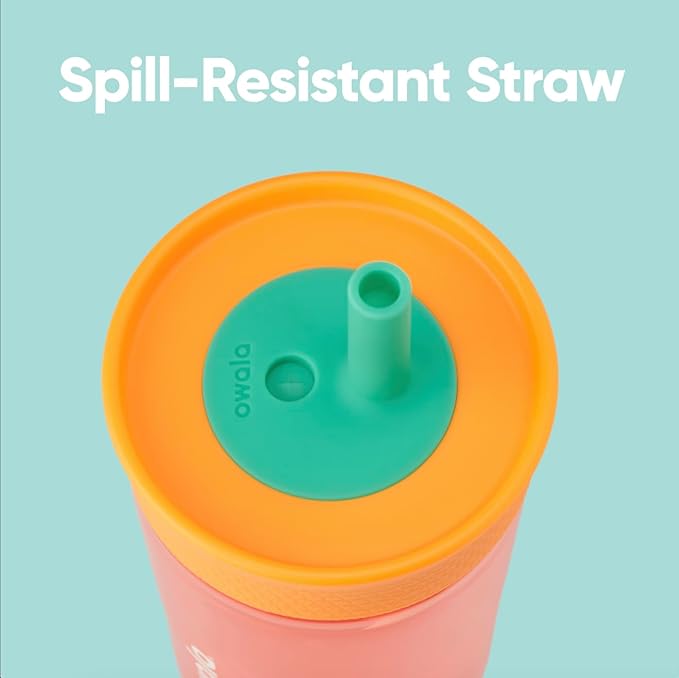 Owala Kids Insulation BPA-Free Plastic Tumbler with Spill Resistant Flexible Straw, Easy to Clean, Kids Water Bottle, Great for Travel, Dishwasher Safe, 15 Oz, Orange and Peach (Watermelon)