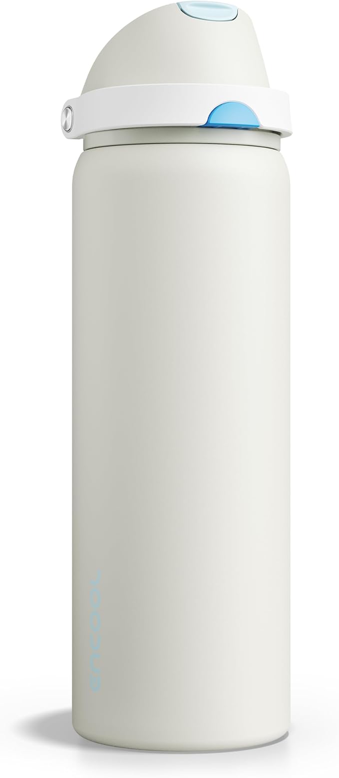 Insulated Water Bottle with Straw - Encool Stainless Steel Water Bottle with Push Button Lid, Leak-Proof & BPA-Free, Keeps Cold for 24 Hours for Sports, Travel, Gym (32 oz, Kangaroo Grey)