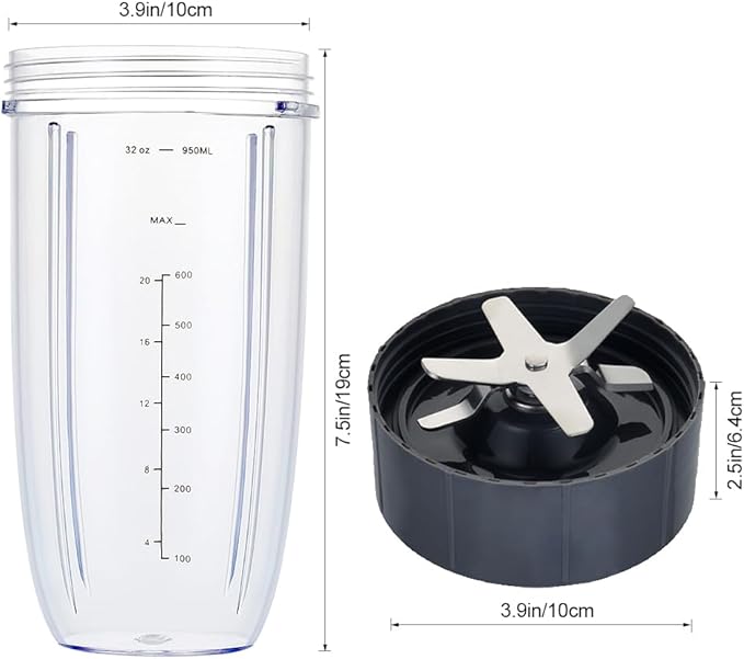 Upgrade Blender Cup and Blade Fit for Nutribullet 600w/900w, Replacement Parts Extractor Blade and 32oz Cup with 1 Flip-Top To-Go Lid & 1 Lip Ring, Blender Accessories (5 Pcs)