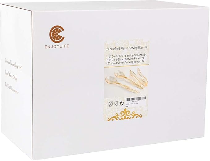 Supernal 72 pcs Plastic Serving Utensils, Gold Plastic Silverware, 24 Serving Spoons 10",24 Serving Forks 10",24 Tongs 6.3", Perfect for Birthday,Party,Wedding