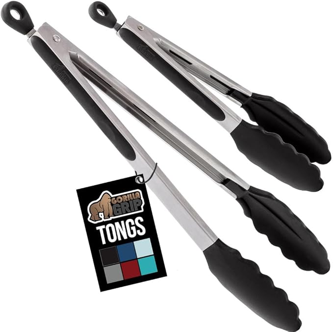 GORILLA GRIP Stainless Steel Heat Resistant Kitchen Tongs for Cooking, 12 + 14 Inch Set of 2 BBQ Tong, Non Scratch Silicone Tip for Pan, Strong Grip, Grab Food, Toss Salad, Air Fryer, Pull Lock, Black