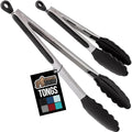 GORILLA GRIP Stainless Steel Heat Resistant Kitchen Tongs for Cooking, 12 + 14 Inch Set of 2 BBQ Tong, Non Scratch Silicone Tip for Pan, Strong Grip, Grab Food, Toss Salad, Air Fryer, Pull Lock, Black