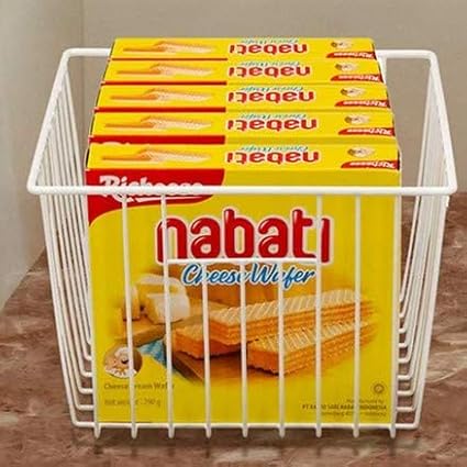 Slideep 11'' Farmhouse Freezer Food Storage Organizer Baskets Modern Refrigerator Metal Wire Basket Bin with Built-in Handles for Kitchen, Pantry, Bathroom, Cabinets, White -Set of 6