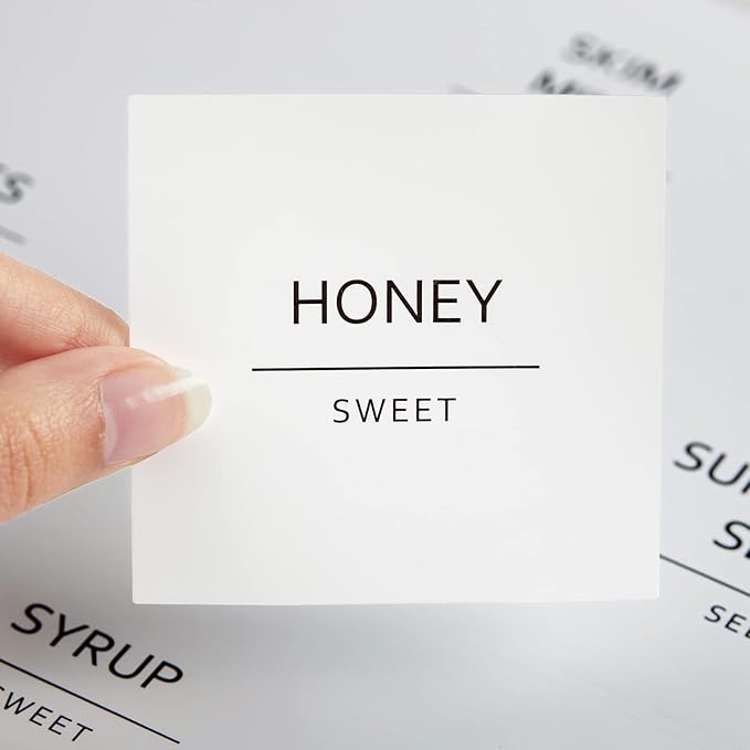 Talented Kitchen Minimalist Food Labels - 2.5" x 2.5" Matte White Vinyl, Pack of 157 - Pantry & Fridge Container Labels for Jars & Bins - Preprinted Food Storage Stickers, Water-Resistant