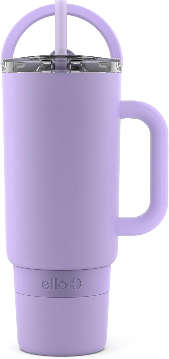 Ello Port 40oz Tumbler with Carry Loop & Integrated Handle, Vacuum Insulated Stainless Steel Reusable Water Bottle, Travel Mug with Leak Proof Lid & Straw, Perfect for Iced Coffee & Tea, Lilac