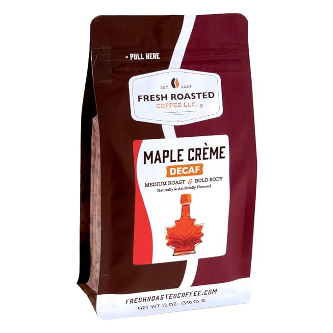 Fresh Roasted Coffee, Decaf Maple Crème Flavored Coffee, 12 oz, Medium Roast, Kosher, Whole Bean