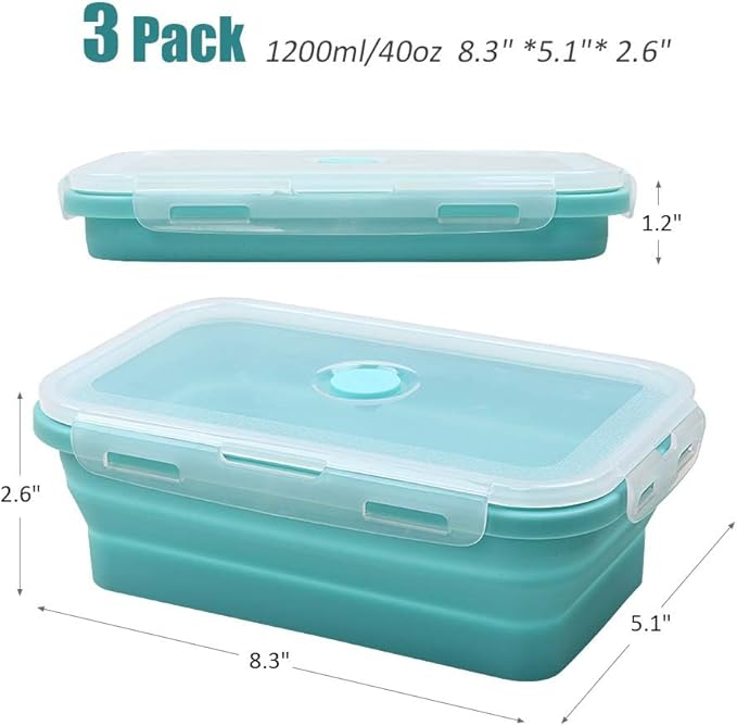 Alimat PluS Silicone Food Storage Containers with Lids, 3 Pack Set 40.5oz(1200ml) Collapsible Meal Prep Lunch Containers, Microwave, Freezer and Dishwasher Safe