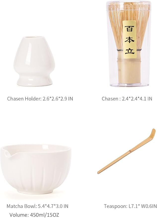 TANG PIN Matcha Set - Match Bowl and Whisk,15 OZ, Matcha Scoop | Matcha Whisk Stand (Chasen Holder) - 4pc Perfect Matcha Kit for Matcha Tea Ceremony (White)