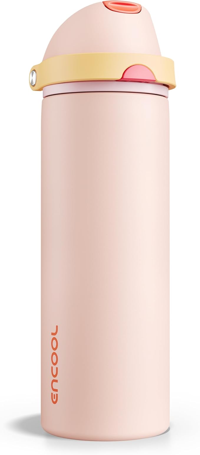 Insulated Water Bottle with Straw - Encool Stainless Steel Water Bottle with Push Button Lid, Leak-Proof & BPA-Free, Keeps Cold for 24 Hours for Sports, Travel, Gym (24 oz, Pink Daisy-Red)
