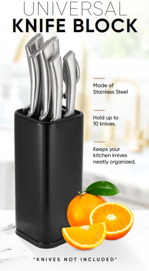 Dura Living Universal Knife Block Holder, Stainless Steel Knife Stand Without Knives, Safe Space Saver Stable Knife Storage with Scissors Slot, Detachable for Easy Cleaning, Kitchen Organizer, Black