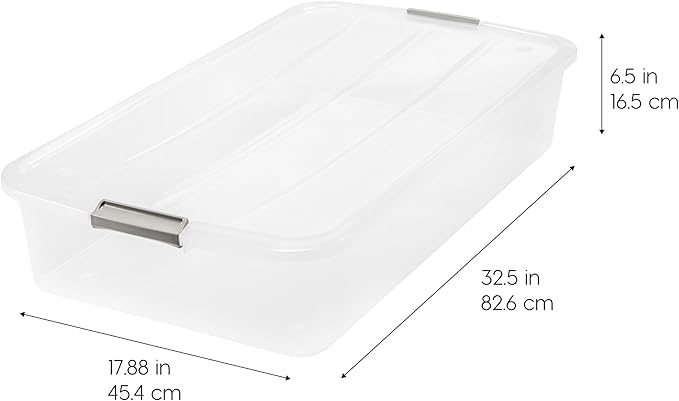 IRIS USA 50 Qt Plastic Under Bed Storage Organizer Bin Container with Secure Lids and Durable Black Buckles, Multi-Purpose for Clothes Shoes Clothing Bedding, Long, Clear