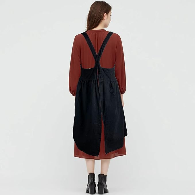 Uaussi Cotton Linen Apron Cross Back Work Apron for Women with Pockets Pinafore Dress X Cross Halter Apron for Chef Gardening