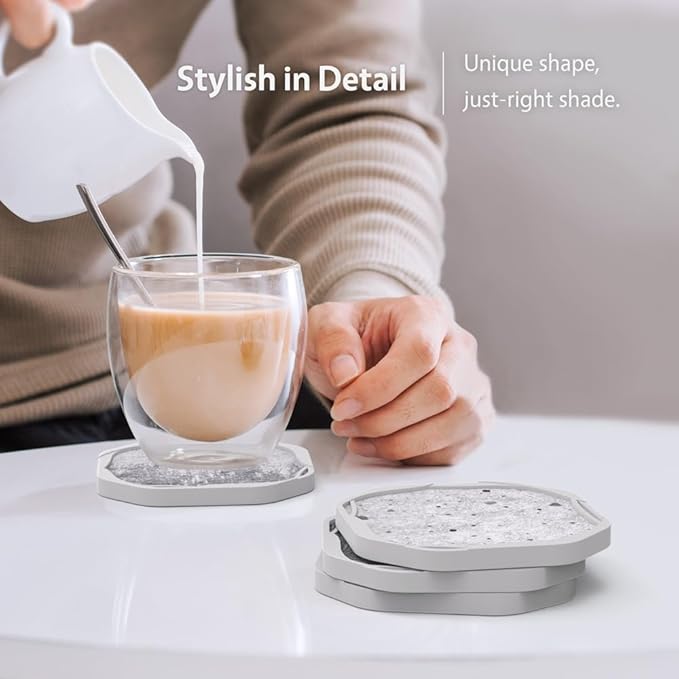 UMIRRO Absorbent Coasters for Drinks with Holder, Silicone Cup Coaster with Felt Insert for Coffee Table Decor, Small Unique Birthday Gift Ideas for Men, Dad, Him, Women Mom, Her, 4", Brown, Set of 6