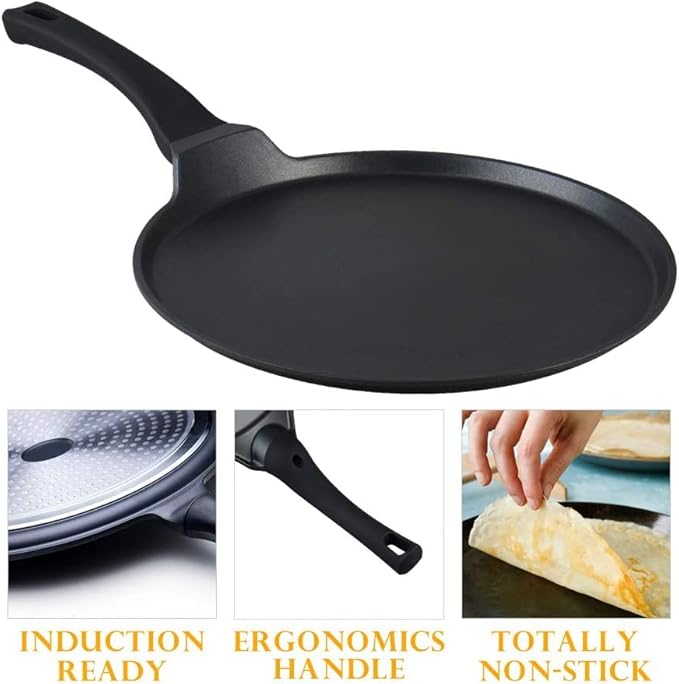 S·KITCHN Nonstick Crepe Pan, Skillet Pan for Dosa Tawa Omelette Tortillas Crispy Pancake, Griddle Pancake Pan, PFOA FREE and Induction Compatible - 10IN