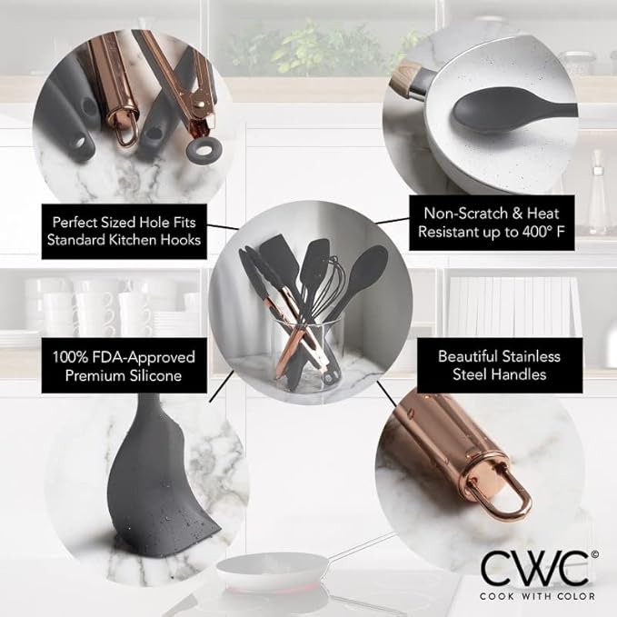 COOK WITH COLOR Silicone Cooking Utensils, Kitchen Utensil Set, Easy to Clean Silicone Kitchen Utensils, Cooking Utensils for Nonstick Cookware, Kitchen Gadgets Set, Standard, Gray