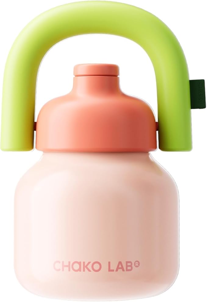 CHAKO LAB Water Bottle with Straw and Carry Handle | Wide Mouth vacuum insulated stainless steel Bottles | Reusable, leak-proof and BPA-free | 33oz (Pink&Green)