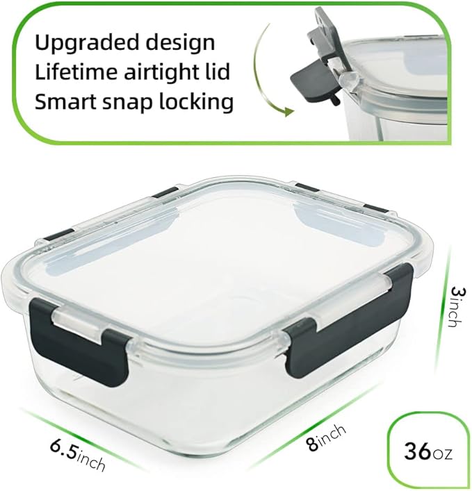 DAS TRUST 5 Pack 36oz Glass Food Storage Containers Meal Prep Containers Reusable Fridge Organizers Lunch Container for Adults Airtight Pizza Salad Storage for Ovens