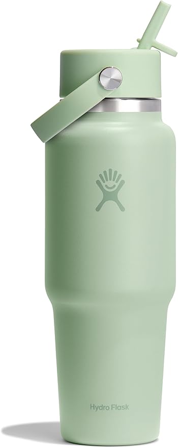 Hydro Flask Travel Water Bottle - Insulated Stainless Steel - Wide Straw Lid, Non Spill, Leakproof in 32 Oz Aloe Green