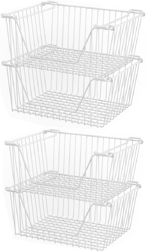 Slideep 14'' Large Stackable Storage Baskets Cabinet Organizer Sturdy Metal Wire Pantry Freezer Bin for Pantry Home Bathroom Kitchen Organization White - 4 Pack