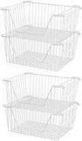 Slideep 14'' Large Stackable Storage Baskets Cabinet Organizer Sturdy Metal Wire Pantry Freezer Bin for Pantry Home Bathroom Kitchen Organization White - 4 Pack