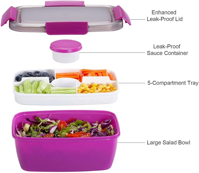 Caperci Large Salad Container Bowl for Lunch - Better Adult Bento Lunch Box 68 oz, 5-Compartment Tray, 2pcs 3-oz Sauce Cups, Stackable, BPA-Free (Purple)