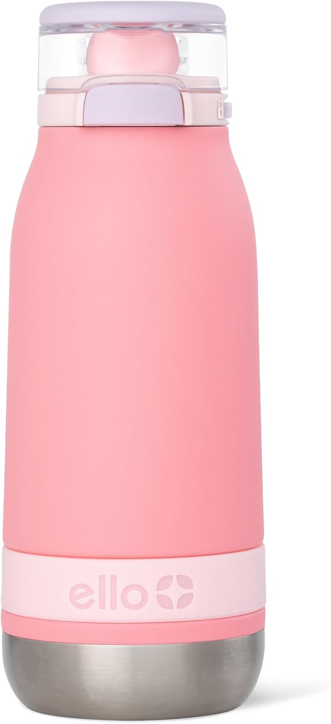 Ello Emma 14oz Vacuum Insulated Stainless Steel Kids Water Bottle with Straw and Built-in Carrying Handle and Leak-Proof Locking Lid for School Backpack, Lunchbox and Outdoor Sports