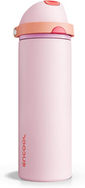 Insulated Water Bottle with Straw - Encool Stainless Steel Water Bottle with Push Button Lid, Leak-Proof & BPA-Free, Keeps Cold for 24 Hours for Sports, Travel, Gym (24 oz, Lily-Red)
