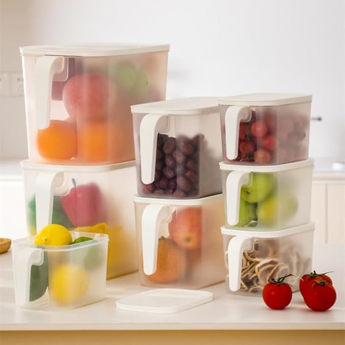 MineDecor 4 Pack 4.5L Plastic Storage Containers Square Food Storage Organizer Stackable Refrigerator Organizer Handle Kitchen Containers with Lids for Fruits Vegetables Meat Egg