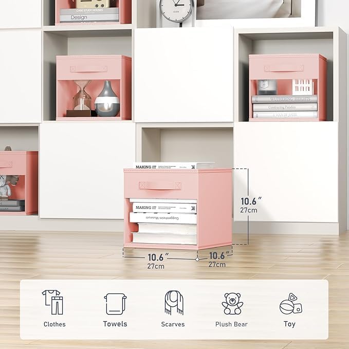 DIMJ Storage Cubes, Cube Storage Bin, 10 Pack Foldable Baskets with Window, Closet Storage Bins with Handle, 11x 11 inch Storage Cubes for Clothes, Toys, Books (Pink)