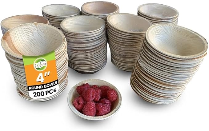 Raj Disposable Palm Leaf Bulk Bowls (200 Count, 4" Bowls) Strong Bowl Like Bamboo Party Bowl - Decorative Compostable Tableware for Lunch, Dinner, Birthday, Outdoor, BBQ, Picnic, Parties