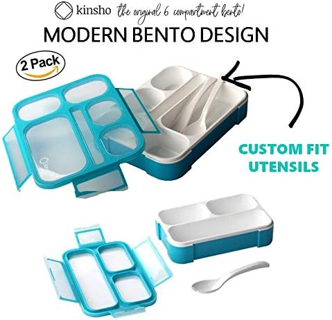Bento-Box Lunch Box & Portion Control Snack Container Set, Leakproof Lunch-Boxes, Containers for School Meal Prep, Kids Boys Girls Adults, BPA Free, Utensils, Blue Large and MINI 2 pack
