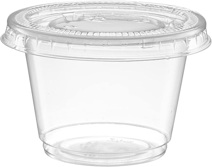 {2.5 oz - 100 Sets} Clear Diposable Plastic Portion Cups With Lids, Small Mini Containers For Portion Controll, Jello Shots, Meal Prep, Sauce Cups, Slime, Condiments, Medicine, Dressings, Crafts, Disposable Souffle Cups & Much more