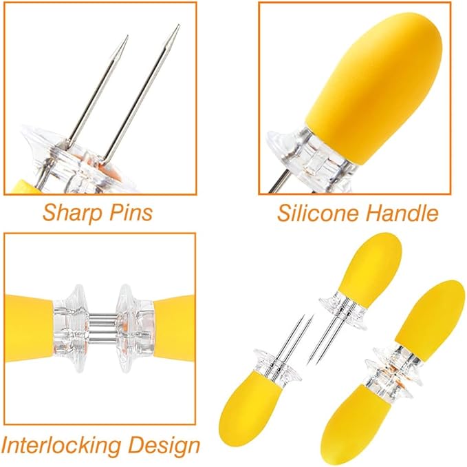 16Pcs/8 Pairs Yellow Corn Holders,PEOUWNES Stainless Steel Corn Cob Holders Corn on The Cob Skewers, Corn on The Grill, Interlocking Design Corn Skewers Forks for Home Cooking BBQ Parties Camping