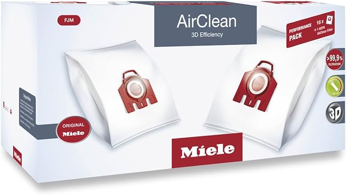 Miele Original Performance Pack for Miele Compact C1/C2 and S6/S4 Models, Includes 16 AirClean 3D Efficiency FJM Vacuum Cleaner Bags and 1 HA50 HEPA AirClean Filter – 10512520