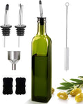 Olive Oil Dispenser Bottle, 17oz Glass Olive Oil Dispenser and Vinegar Dispenser Set 500ml Green Glass Oil Bottle Dispenser with Pourers,Funnel and Brush